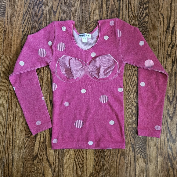 Knit pink long sleeve fitted tee top polka dot Y2k vintage size Small crew neck - Picture 2 of 6